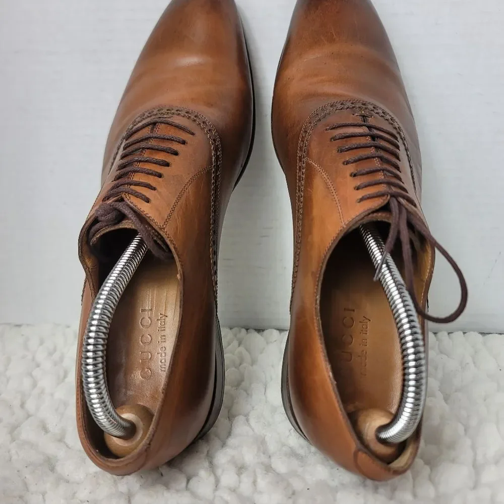 Gucci Wholecut Oxford Dress Shoes Brown Burnished Leather Made In Italy Mens 7